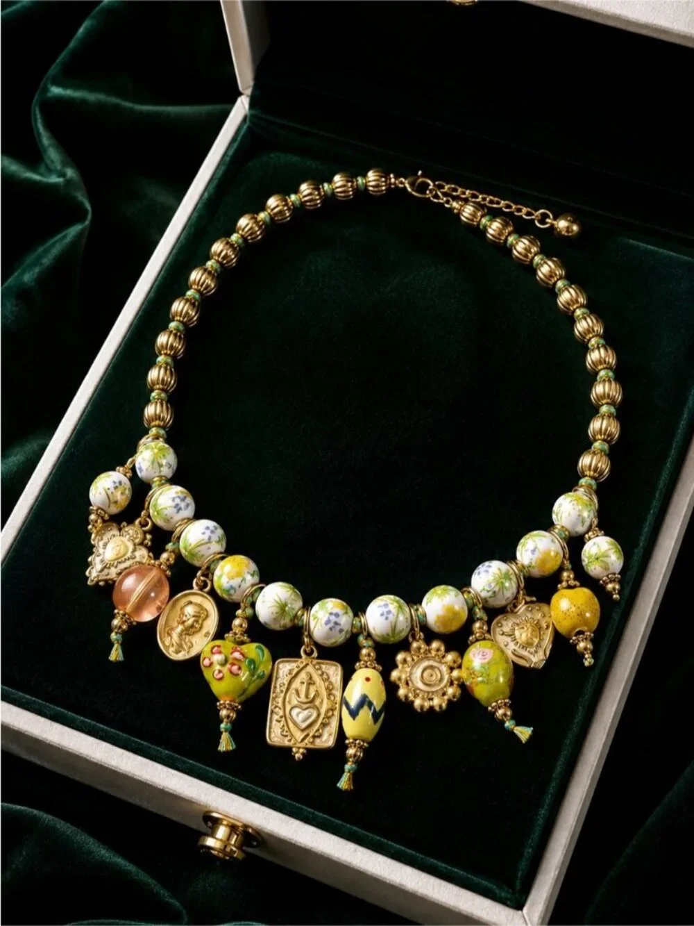 Gold-tone Necklace with Green, Yellow and White Beaded Charms